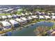 Aerial view of neighborhood homes, many with screened-in pools, lining a lake and golf course at 8729 52Nd E Dr, Bradenton, FL 34211