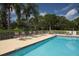 Inviting community pool with plenty of lounge chairs and surrounding palm trees at 8755 Olde Hickory Ave # 7302, Sarasota, FL 34238