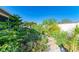 The verdant backyard is a private oasis with lush plants, and a stone and gravel walkway at 2211 42Nd W St, Bradenton, FL 34205