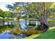 Beautiful pond reflecting trees and sky, surrounded by green grass and landscaping at 4722 Independence Dr, Bradenton, FL 34210