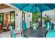 Outdoor patio area with a table, chairs, and an umbrella for shaded seating near sliding glass doors at 515 S Osprey Ave, Sarasota, FL 34236