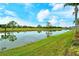 Beautiful water view overlooking the pond with lush landscaping, clear skies, and verdant green grass at 5276 Mahogany Run Ave, Sarasota, FL 34241