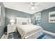 Guest bedroom with white bed frame, blue rug, and two lamps at 5721 Palmer Cir # 205, Lakewood Ranch, FL 34211