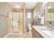 Bathroom featuring a step-in shower, neutral walls, and vanity at 6521 121 St E Ave, Parrish, FL 34219