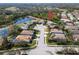 An aerial view showcasing the neighborhood, nearby pond, and lush trees at 6807 46Th E Ter, Bradenton, FL 34203