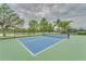 A vacant, well-maintained, blue tennis court surrounded by trees at 8849 Etera Dr, Sarasota, FL 34238