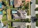 Aerial view of a home showcasing the private screened pool, lush backyard, and surrounding neighborhood at 10726 Old Grove Cir, Bradenton, FL 34212