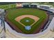 Baseball field with meticulously manicured grass, perimeter seating, and a modern scoreboard at 23189 Banbury Way # 203, Venice, FL 34293