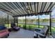 Screened lanai features lake view and a seating area under a retractable awning at 2622 Light Sky Ln, Bradenton, FL 34211