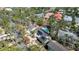 Aerial view of a property featuring solar panels, a sparkling pool, and lush landscaping for enhanced privacy at 5107 Saint Albans Ave, Sarasota, FL 34242