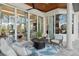 Inviting outdoor patio with elegant columns, comfortable seating, and sliding glass doors leading to the interior at 13315 Palmers Creek Ter, Lakewood Ranch, FL 34202