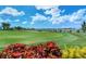 Scenic view of the lush golf course, featuring manicured greens, palm trees, and golf carts under a sunny sky with beautiful clouds at 15115 Montello Way, Lakewood Ranch, FL 34211