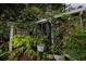 Quaint exterior with lush greenery, plants, and foliage. There is a sign that says 