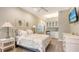 A primary bedroom features mini-bar, wall-mounted tv, light-colored walls and carpet, and plantation shutters at 1919 Irving St, Sarasota, FL 34236