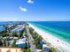 Stunning aerial view of a coastal road alongside pristine beaches and turquoise waters under a clear blue sky at 4307 Gulf Dr # 208, Holmes Beach, FL 34217