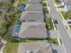 Backyard aerial view featuring screened pool, lush landscaping, and well kept lawn at 5821 Hevena Ct, Palmetto, FL 34221