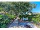 Lush landscaped path leading to the property with mature trees and private property sign at 7921 4Th W Ave, Bradenton, FL 34209