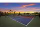 Outdoor pickleball courts under a colorful sunset sky, surrounded by trees at 14906 Lyla Ter, Bradenton, FL 34211