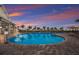 Stunning pool reflecting palm trees and adjacent clubhouse under a vibrant sunset sky at 14906 Lyla Ter, Bradenton, FL 34211