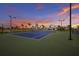 Community tennis court with lighting, surrounded by landscaping and a sunset sky at 14906 Lyla Ter, Bradenton, FL 34211
