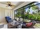 Cozy screened patio with seating area and lush backyard view at 155 Jose Gaspar Dr # 155, Englewood, FL 34223