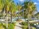 View of walkway with palm trees leading to the pool, lounge chairs, and umbrellas under a clear blue sky with clouds at 17522 Northwood Pl, Bradenton, FL 34202