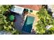 Overhead view features backyard oasis with pool, patio, lush landscaping and outdoor dining area at 2047 Roselawn St, Sarasota, FL 34231