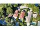 An aerial view shows multiple homes each with a private pool surrounded by mature landscaping at 2047 Roselawn St, Sarasota, FL 34231