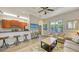 Cozy living room features a ceiling fan, comfortable seating, wood-look floors, and access to the kitchen at 2047 Roselawn St, Sarasota, FL 34231