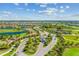 A beautiful aerial view of the neighborhood with well-manicured landscaping, and beautiful lake and golf views at 5529 Mulligan Way, Bradenton, FL 34211