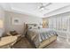 Main bedroom with tray ceilings, carpet, large windows with shutters, and comfortable king bed at 6326 Grand Oak Cir # 101, Bradenton, FL 34203