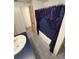 Bathroom with a blue vanity and a bathtub with a blue shower curtain at 2107 36Th E Ave, Palmetto, FL 34221