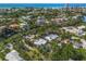 Expansive aerial view of the property showcases the sprawling landscape with mature trees and waterfront access at 615 Avenida Del Norte, Sarasota, FL 34242