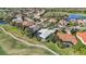 Aerial view of house on golf course with lush landscaping and circular drive at 6626 The Masters Ave, Lakewood Ranch, FL 34202