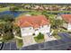 Aerial view of a two-story townhouse community with a pond, golf course, and tropical trees at 7232 Cedar Hollow Cir # 7232, Bradenton, FL 34203