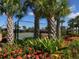 View of the tennis court with beautiful landscaping including palm trees and flowers at 11629 Garessio Ln, Sarasota, FL 34238