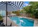 Inviting backyard pool area with umbrella, lounge chairs, and lush landscaping at 1609 1St W Ave, Bradenton, FL 34205