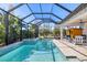 Backyard with screened-in pool, spa, patio, and lounging area surrounded by mature landscaping at 20078 Elegante Ct, Venice, FL 34293