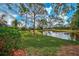 Scenic backyard showcasing lush lawn and serene pond views at 2081 Timucua Trl, Nokomis, FL 34275