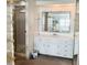 Bathroom featuring a shower, neutral-colored carpet flooring, and a vanity with a mirror at 3236 Sumac Ter, Sarasota, FL 34237