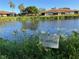 Scenic pond view with lily pads and a 'No Swimming' sign in a well-maintained community at 4197 66Th Street W Cir, Bradenton, FL 34209