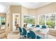 Bright dining area with blue-accented table setting and view of the screened pool at 4245 Corso Venetia Blvd, Venice, FL 34293