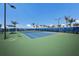 Outdoor tennis court featuring a blue surface and palm trees in a well-maintained recreational area at 10470 Spring Tide Way, Parrish, FL 34219