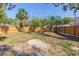 Fenced backyard with a sandy patch, framed by palm trees under a bright blue sky at 2300 23Rd S St, St Petersburg, FL 33712