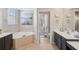 Bright bathroom with soaking tub and dual vanities, enhanced by natural light and stylish fixtures at 10030 Reagan Dairy Trl, Bradenton, FL 34212