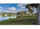 Community lakeside view featuring calm waters, mature palm trees, and manicured lawns at 8449 Imperial Cir, Palmetto, FL 34221