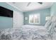 Comfortable bedroom with teal walls, large bed, ceiling fan, and closet with sliding doors at 912 N Shore Dr, Anna Maria, FL 34216