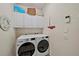 Modern laundry room with front-loading washer and dryer, white cabinets, and charming nautical decor at 1407 Morning Sky Gln, Bradenton, FL 34208