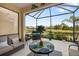 Relaxing screened lanai with beautiful water view, comfortable seating, and stylish round table centerpiece at 12019 Sawgrass Lake Ter, Bradenton, FL 34211