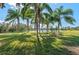 Lush backyard with mature palm trees overlooking a serene pond, featuring benches and fire pit at 14730 1St E Ave, Bradenton, FL 34212